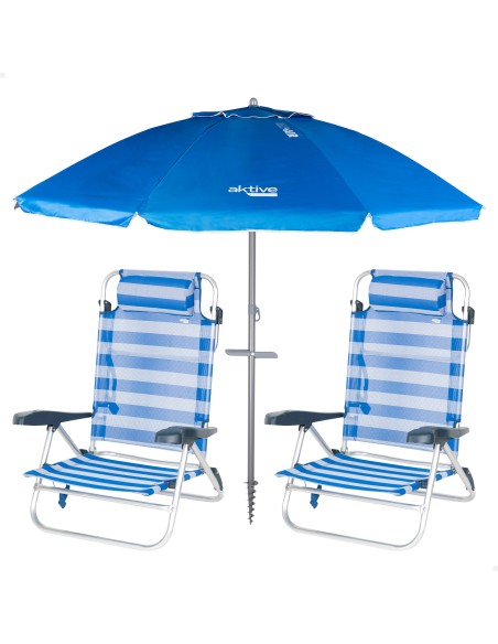 Pack de 2 chaises de plage pliantes rayées avec appui-tête + parapluie coupe-vent 200 cm bleu
