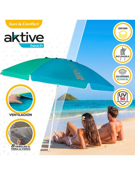 Pack de 2 chaises de plage pliantes turquoise avec appui-tête + parasol coupe-vent 200 cm multicolore