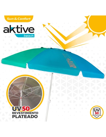Pack de 2 chaises de plage pliantes turquoise avec appui-tête + parasol coupe-vent 200 cm multicolore