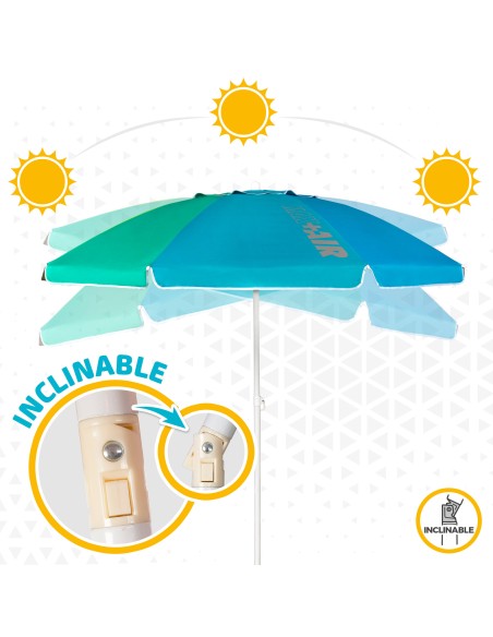 Pack de 2 chaises de plage pliantes turquoise avec appui-tête + parasol coupe-vent 200 cm multicolore