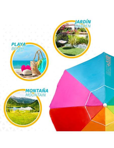 Pack de 2 chaises de plage pliantes turquoise avec appui-tête + parasol coupe-vent 200 cm multicolore