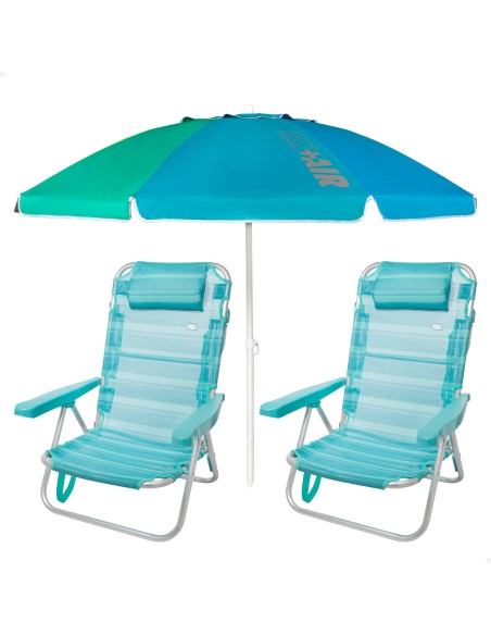 Pack de 2 chaises de plage pliantes turquoise avec appui-tête + parasol coupe-vent 200 cm multicolore