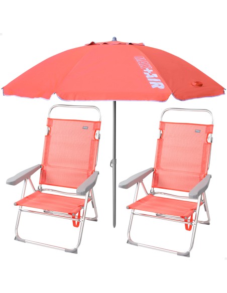 Pack de 2 chaises de plage pliantes + parasol coupe-vent 220 cm corail