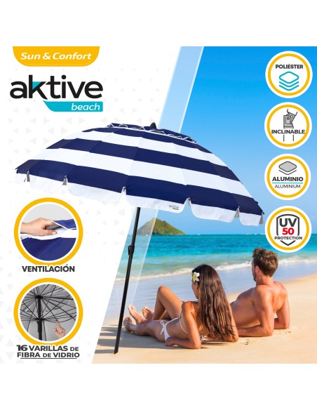 Parapluie de plage coupe-vent 16 tiges 240 cm rayures marinières