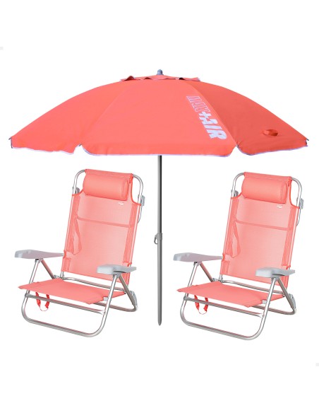 Pack 2 chaises de plage pliantes avec appui-tête + parasol coupe-vent 200 cm corail