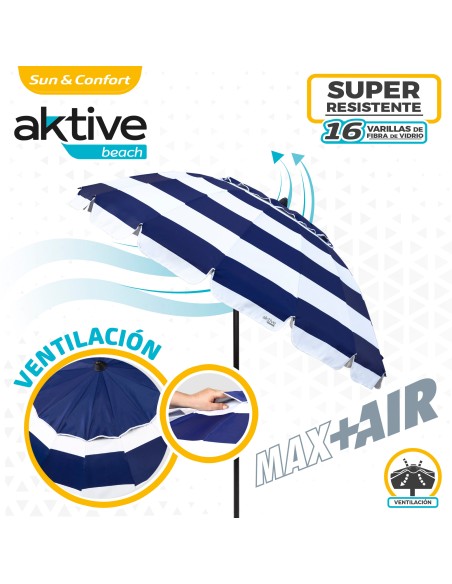 Parapluie de plage coupe-vent 16 tiges 240 cm rayures marinières
