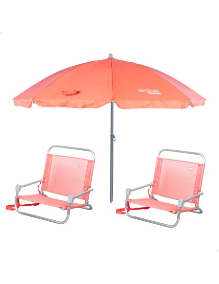 Pack de 2 chaises de plage pliantes basses fixes + parasol corail 180 cm
