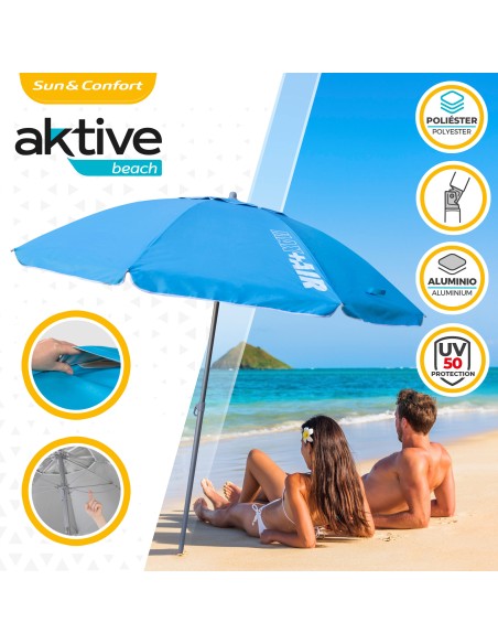 Pack 2 chaises de plage pliantes avec appui-tête + parasol coupe-vent 220 cm bleu