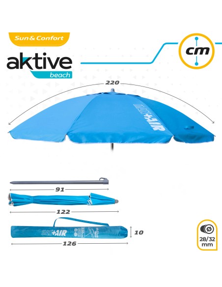 Pack 2 chaises de plage pliantes avec appui-tête + parasol coupe-vent 220 cm bleu