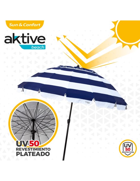 Parapluie de plage coupe-vent 16 tiges 240 cm rayures marinières