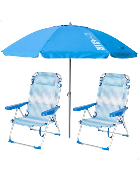 Pack 2 chaises de plage pliantes avec appui-tête + parasol coupe-vent 220 cm bleu