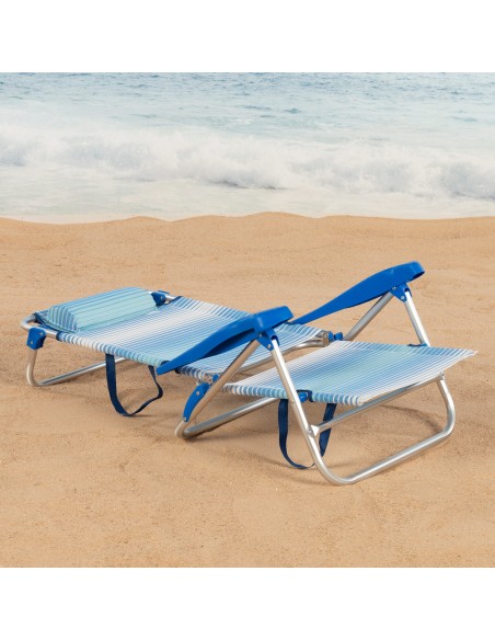 Pack 2 chaises de plage pliantes avec appui-tête et parasol coupe-vent 200 cm bleu
