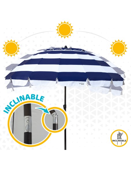 Parapluie de plage coupe-vent 16 tiges 240 cm rayures marinières