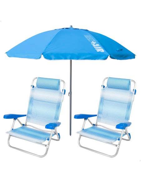 Pack 2 chaises de plage pliantes avec appui-tête et parasol coupe-vent 200 cm bleu