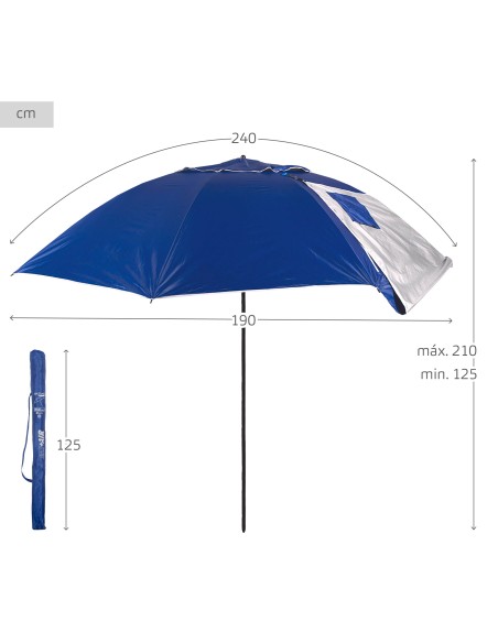 Pack de 2 chaises de plage pliantes rayées avec appui-tête et poche + parasol pare-vent 240 cm bleu