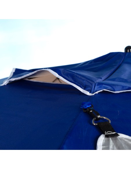 Pack de 2 chaises de plage pliantes rayées avec appui-tête et poche + parasol pare-vent 240 cm bleu