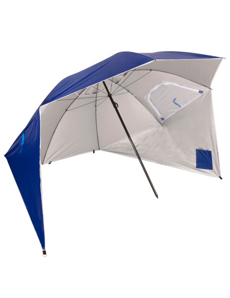 Pack de 2 chaises de plage pliantes rayées avec appui-tête et poche + parasol pare-vent 240 cm bleu
