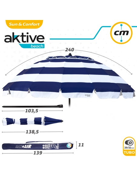 Parapluie de plage coupe-vent 16 tiges 240 cm rayures marinières