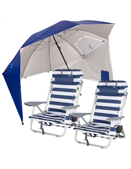 Pack de 2 chaises de plage pliantes rayées avec appui-tête et poche + parasol pare-vent 240 cm bleu