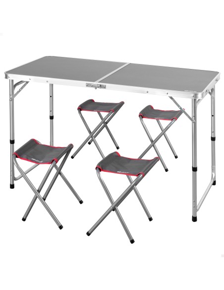 Table de camping pliante réglable en hauteur gris avec 4 tabourets