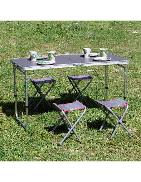 Table de camping pliante réglable en hauteur gris avec 4 tabourets