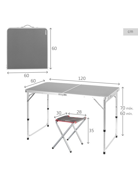 Table de camping pliante réglable en hauteur gris avec 4 tabourets
