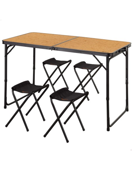 Table de camping pliante avec hauteur réglable, 4 tabourets et mallette de transport, finition bambou