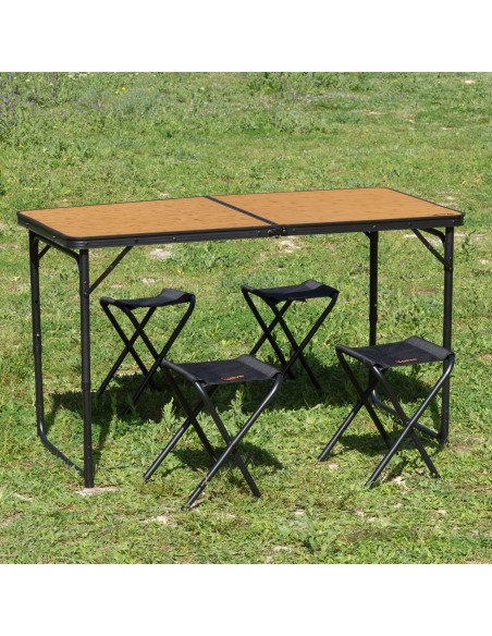 Table de camping pliante avec hauteur réglable, 4 tabourets et mallette de transport, finition bambou