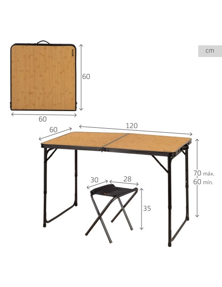 Table de camping pliante avec hauteur réglable, 4 tabourets et mallette de transport, finition bambou