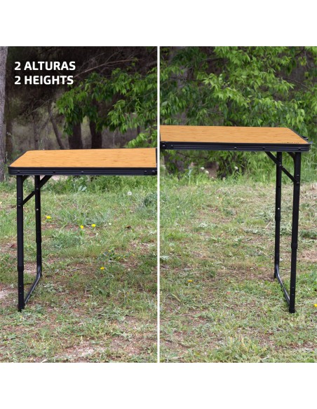 Table de camping pliante avec hauteur réglable, 4 tabourets et mallette de transport, finition bambou