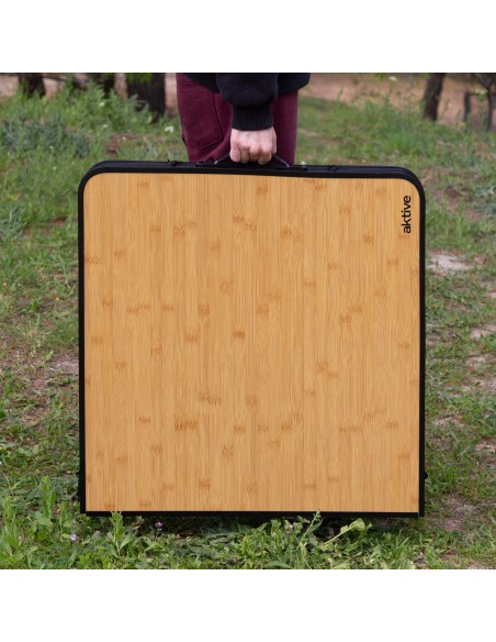 Table de camping pliante avec hauteur réglable, 4 tabourets et mallette de transport, finition bambou