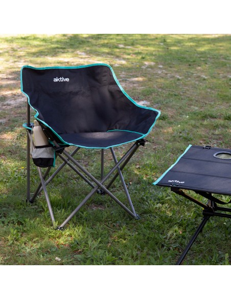 Chaise de camping pliante noire avec porte-gobelets