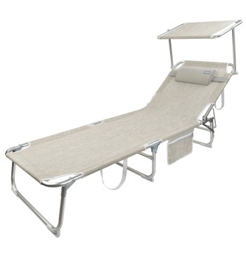 Chaise longue pliante beige avec parasol et coussin