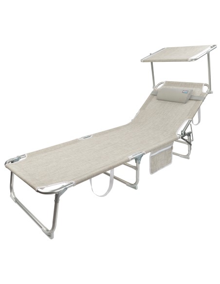 Chaise longue pliante beige avec parasol et coussin