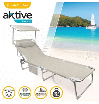 Chaise longue pliante beige avec parasol et coussin 2