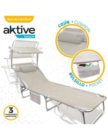 Chaise longue pliante beige avec parasol et coussin