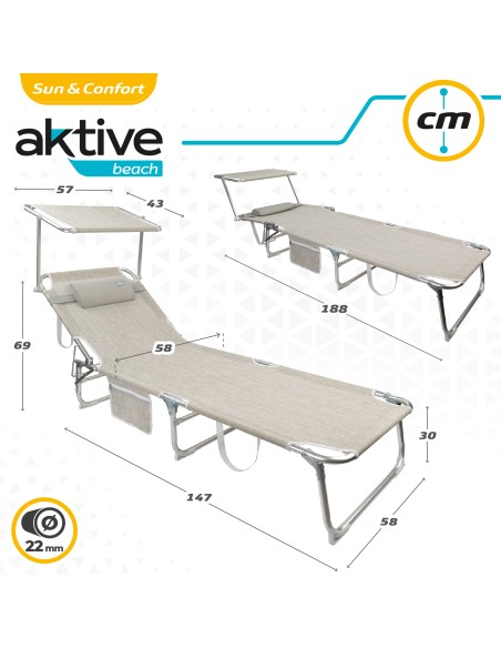 Chaise longue pliante beige avec parasol et coussin
