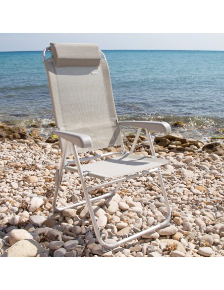 Chaise de camping grise pliante anti-renversement et multipositions avec coussin