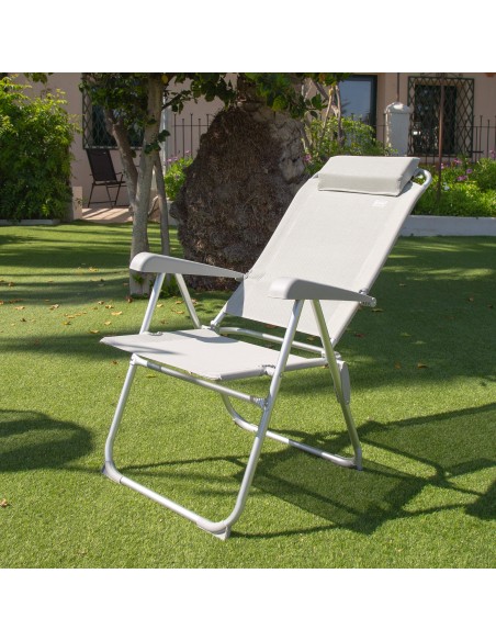 Chaise de camping grise pliante anti-renversement et multipositions avec coussin