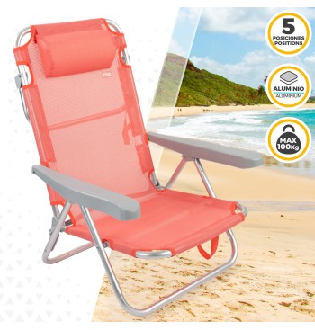 Chaise de plage basse multipositions 48x45x85 cm corail 2
