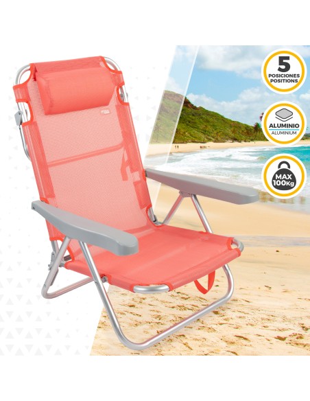 Chaise de plage basse multipositions 48x45x85 cm corail