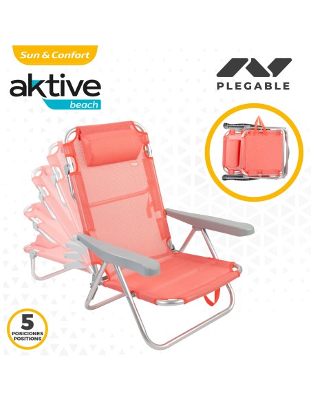 Chaise de plage basse multipositions 48x45x85 cm corail