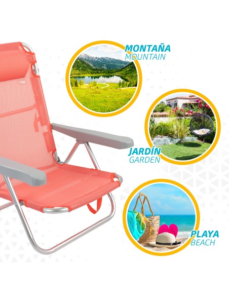 Chaise de plage basse multipositions 48x45x85 cm corail