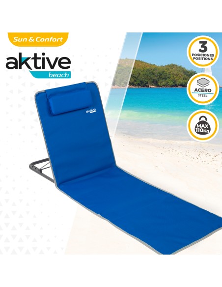 Tapis pliant avec dossier inclinable, coussin et pochette bleue
