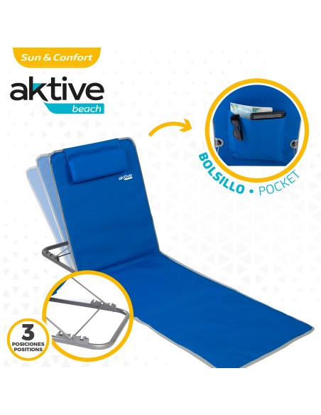 Tapis pliant avec dossier inclinable, coussin et pochette bleue