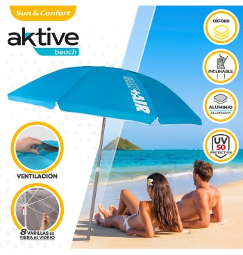 Parapluie de plage coupe-vent 8 tiges 200 cm bleu 2