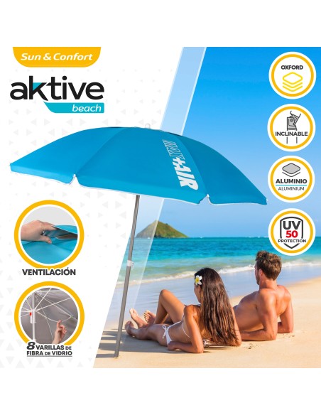 Parapluie de plage coupe-vent 8 tiges 200 cm bleu