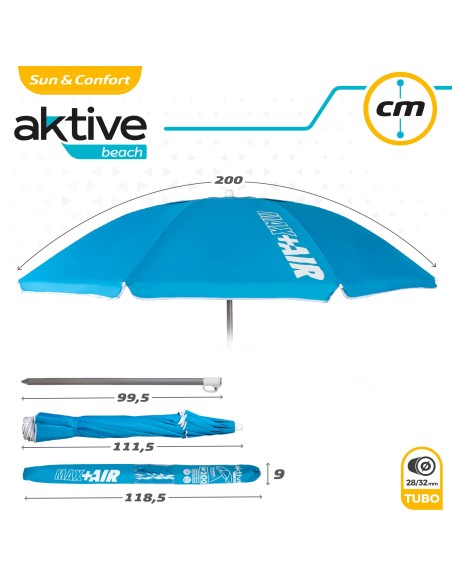 Parapluie de plage coupe-vent 8 tiges 200 cm bleu