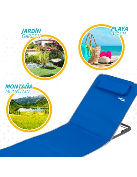 Tapis pliant avec dossier inclinable, coussin et pochette bleue