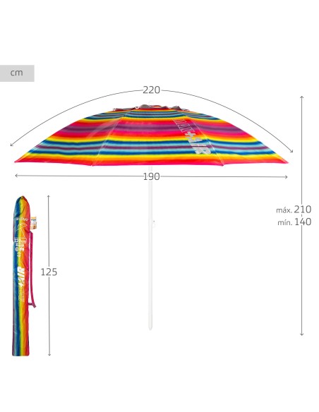 Parapluie de plage coupe-vent 8 tiges 220 cm rayures multicolores